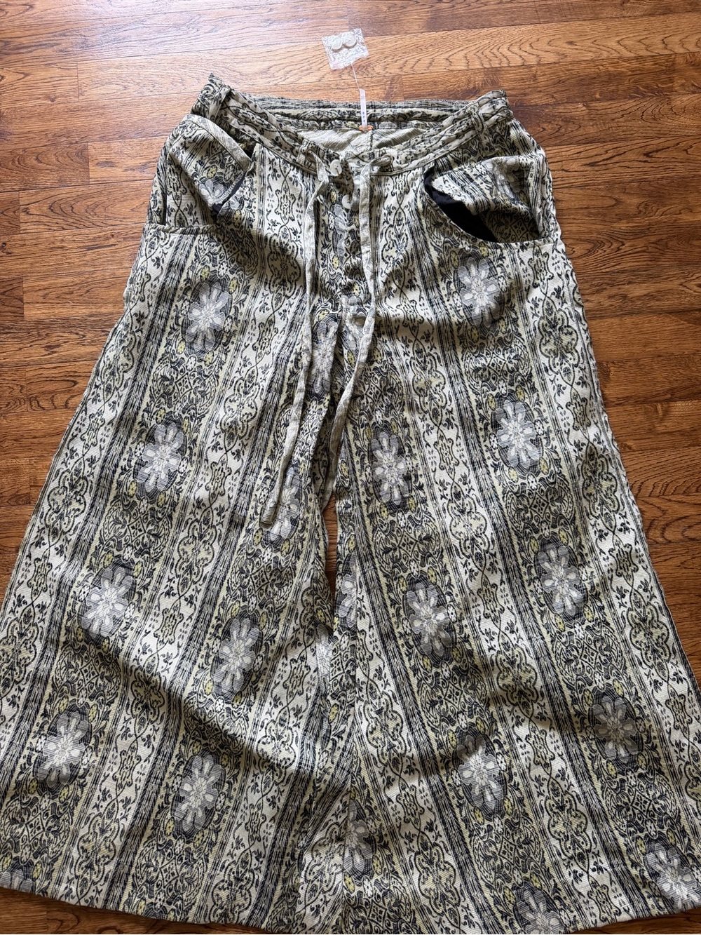 Free People Wide Leg Boho Print Pants in Ivory, Black & Olive